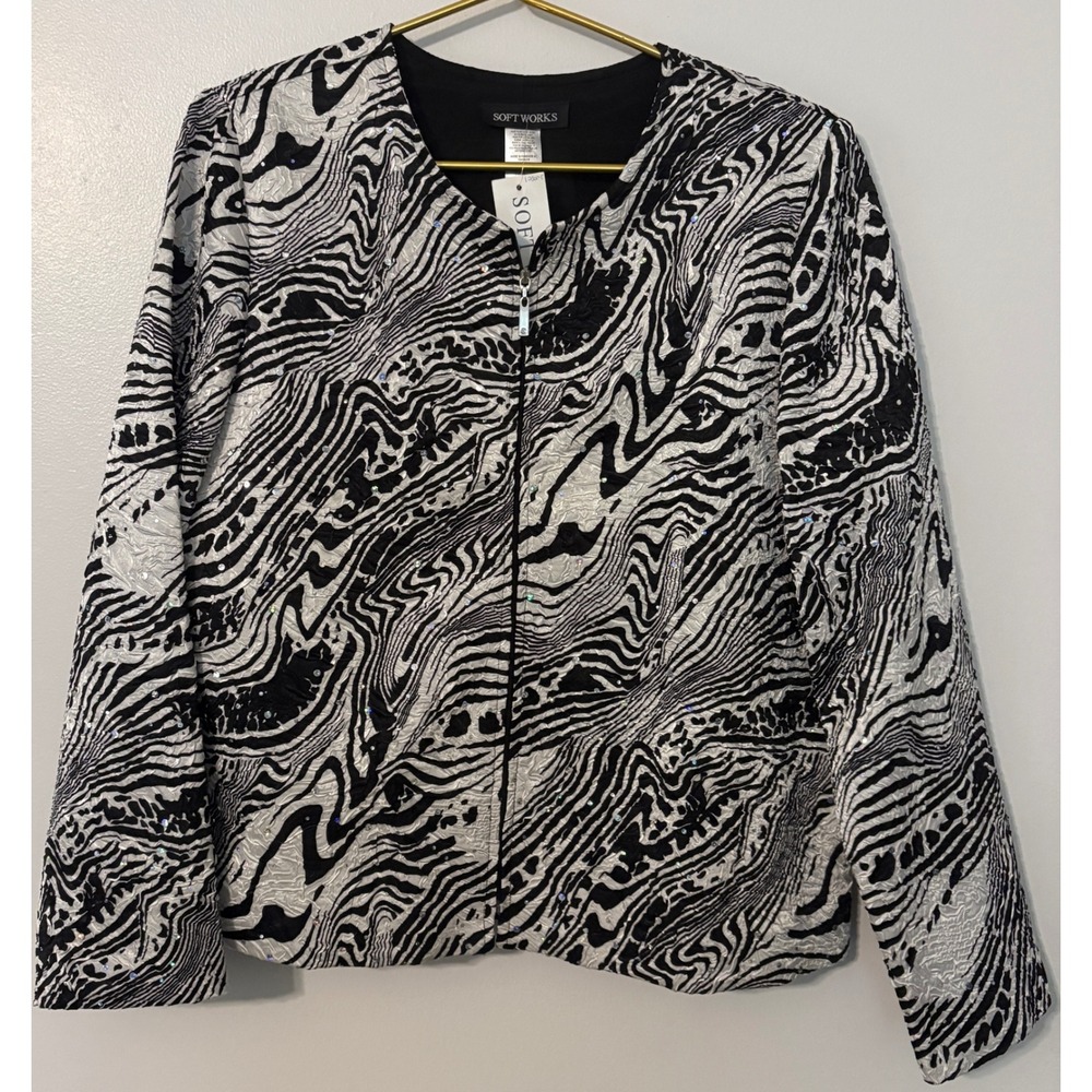 Soft Works Womens Zebra Print Sequin Zip Front Jacket Black White Size 14 NEW